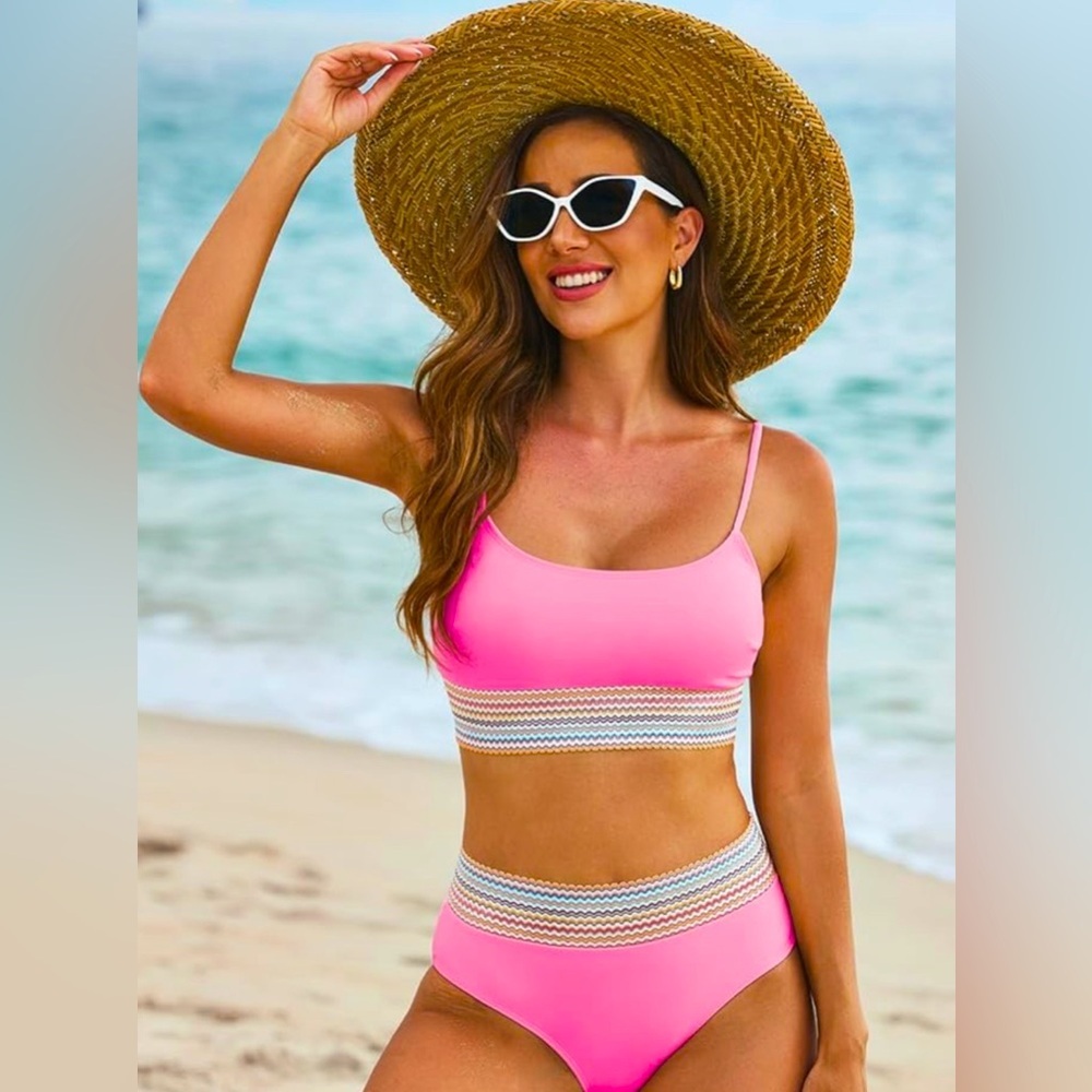 New-Colorblock Trim High Waisted Scoop Neck Adjustable Spaghetti Straps Bikini - Picture 2 of 8